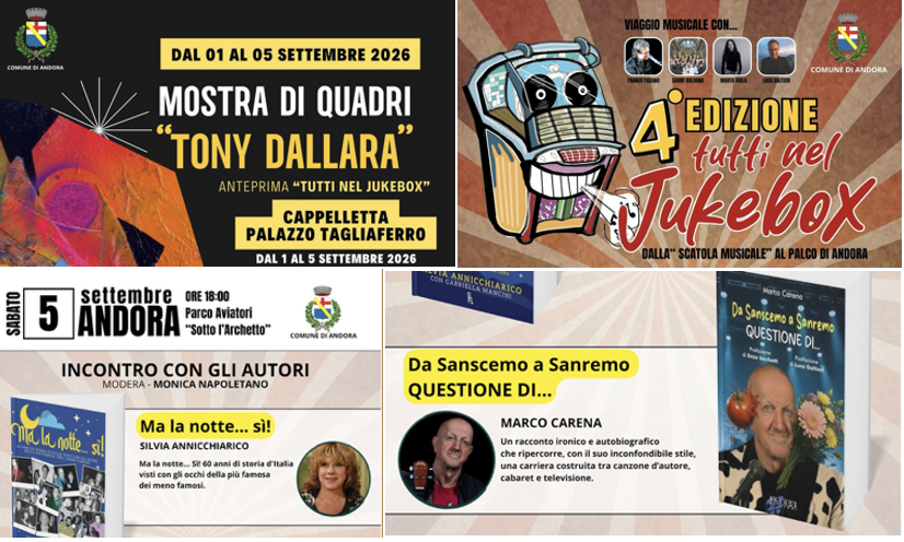 Da oggi fino al 5 settembre “Tutti nel jukebox” ad Andora con gli appuntamenti collaterali e l’evento musicale finale